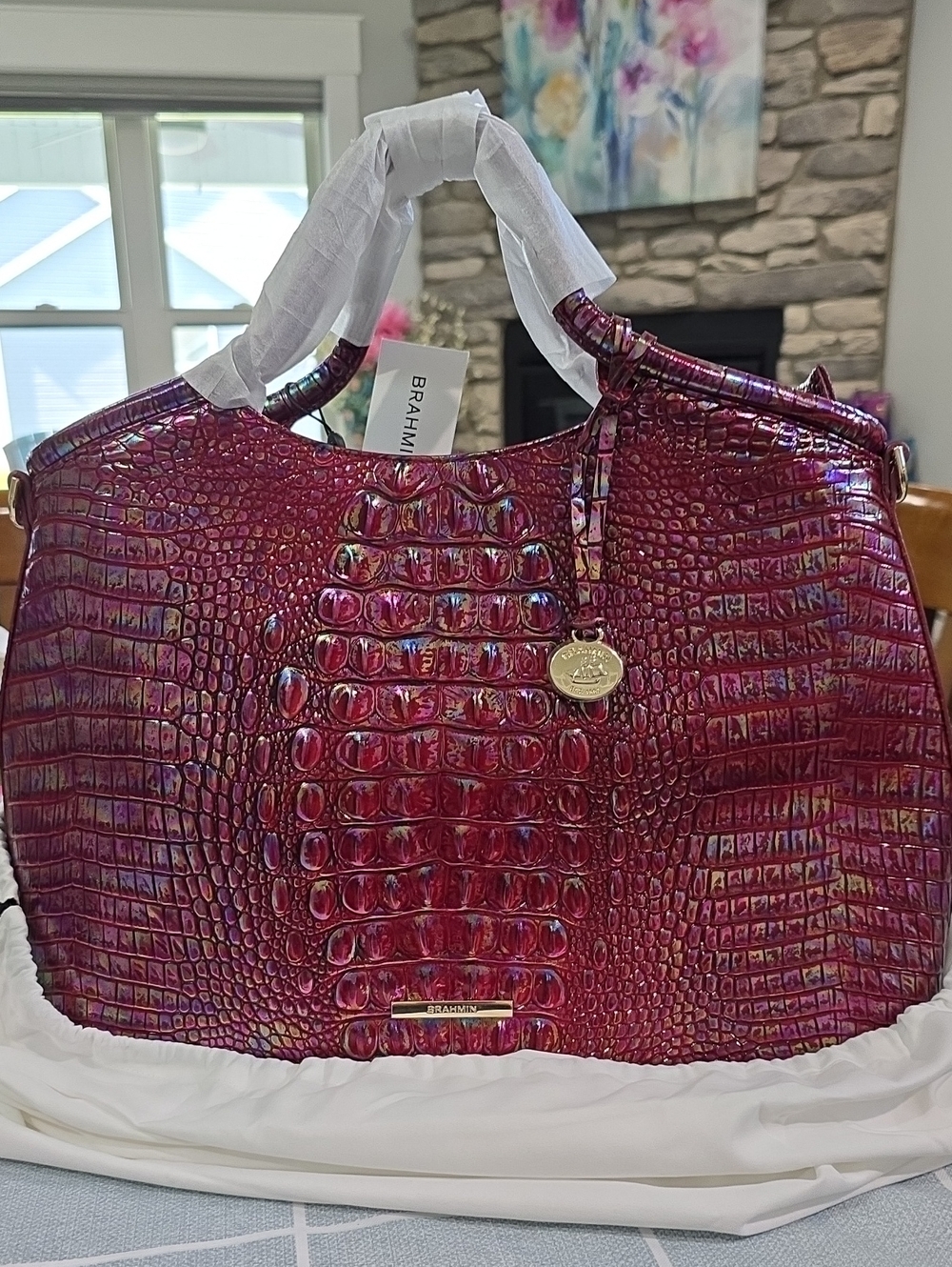 Brahmin NWT Iridescent Croc-Embossed Shoulder Bag in Magenta